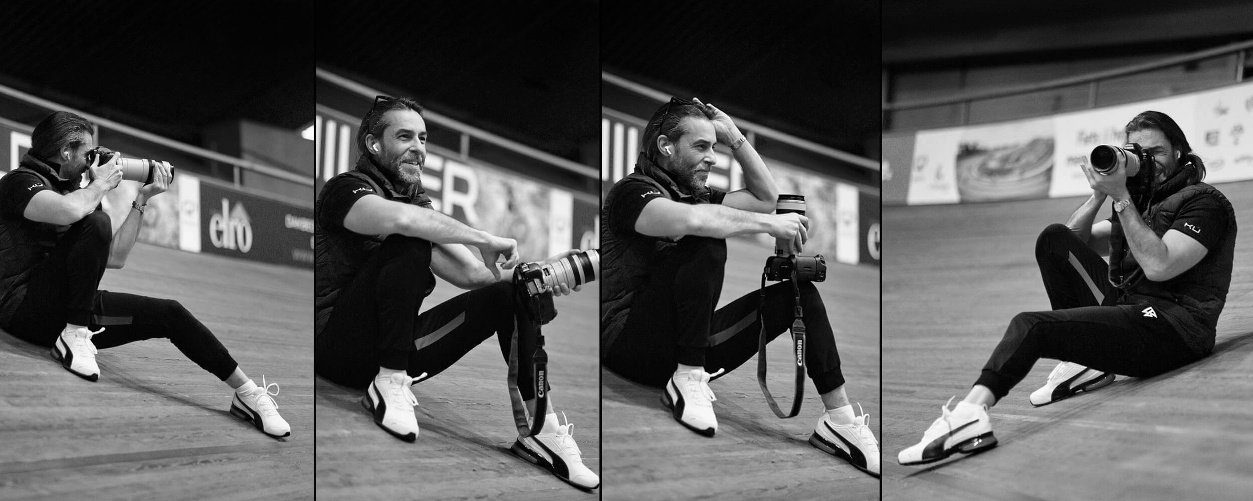 Matías García Posadas photographing at a velodrome, four-panel black and white sequence, Kú Cycle