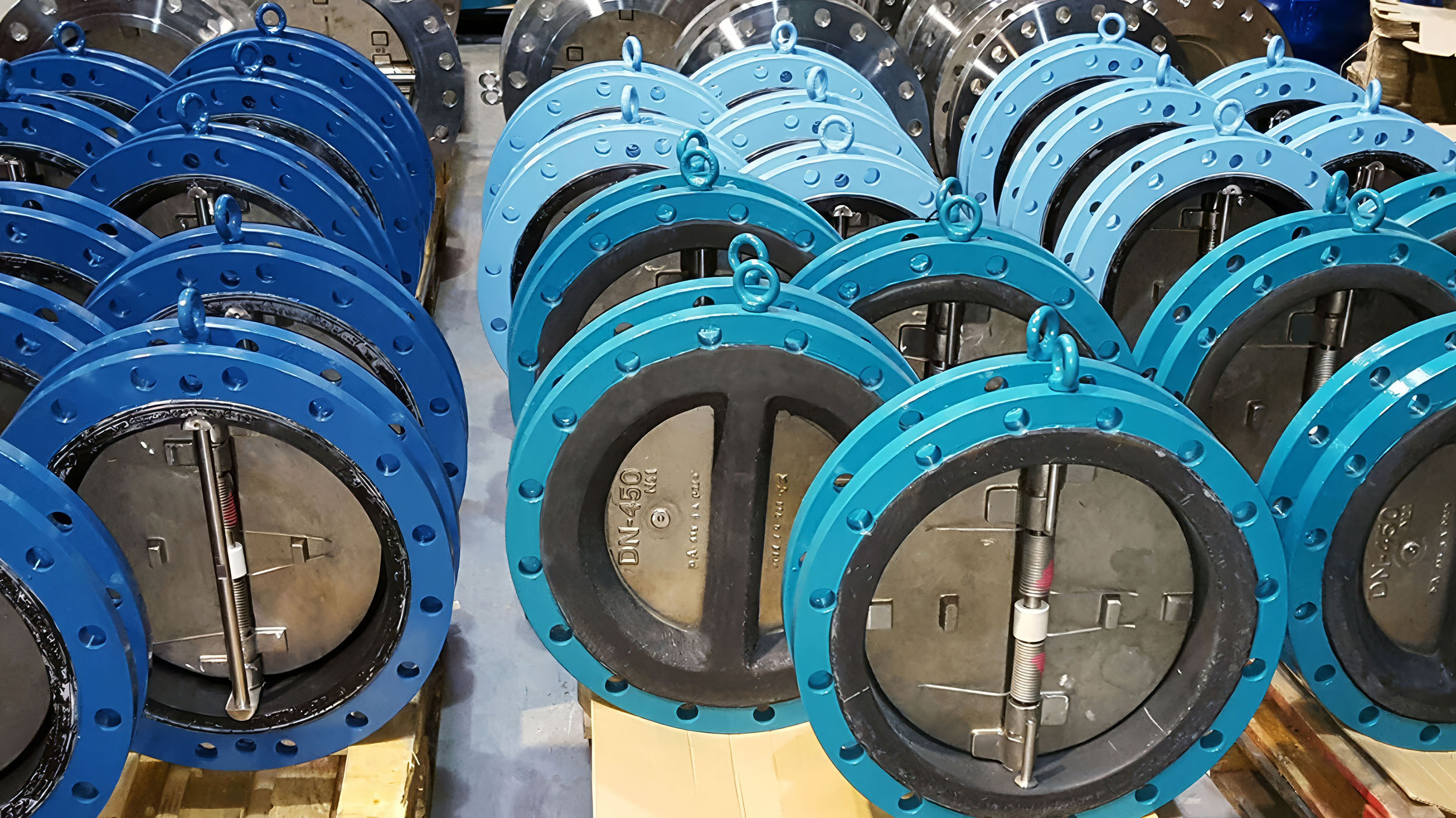 Finished blue valves stacked and ready for dispatch