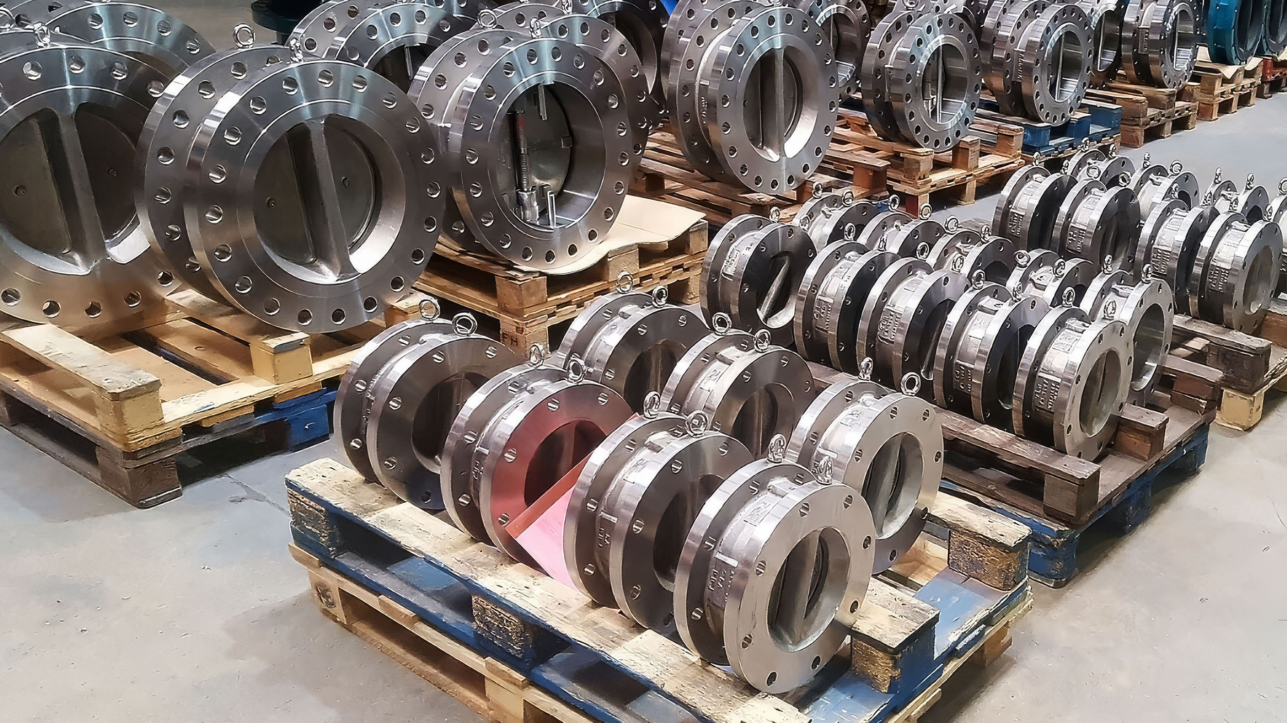 Machined valve components stacked on pallets