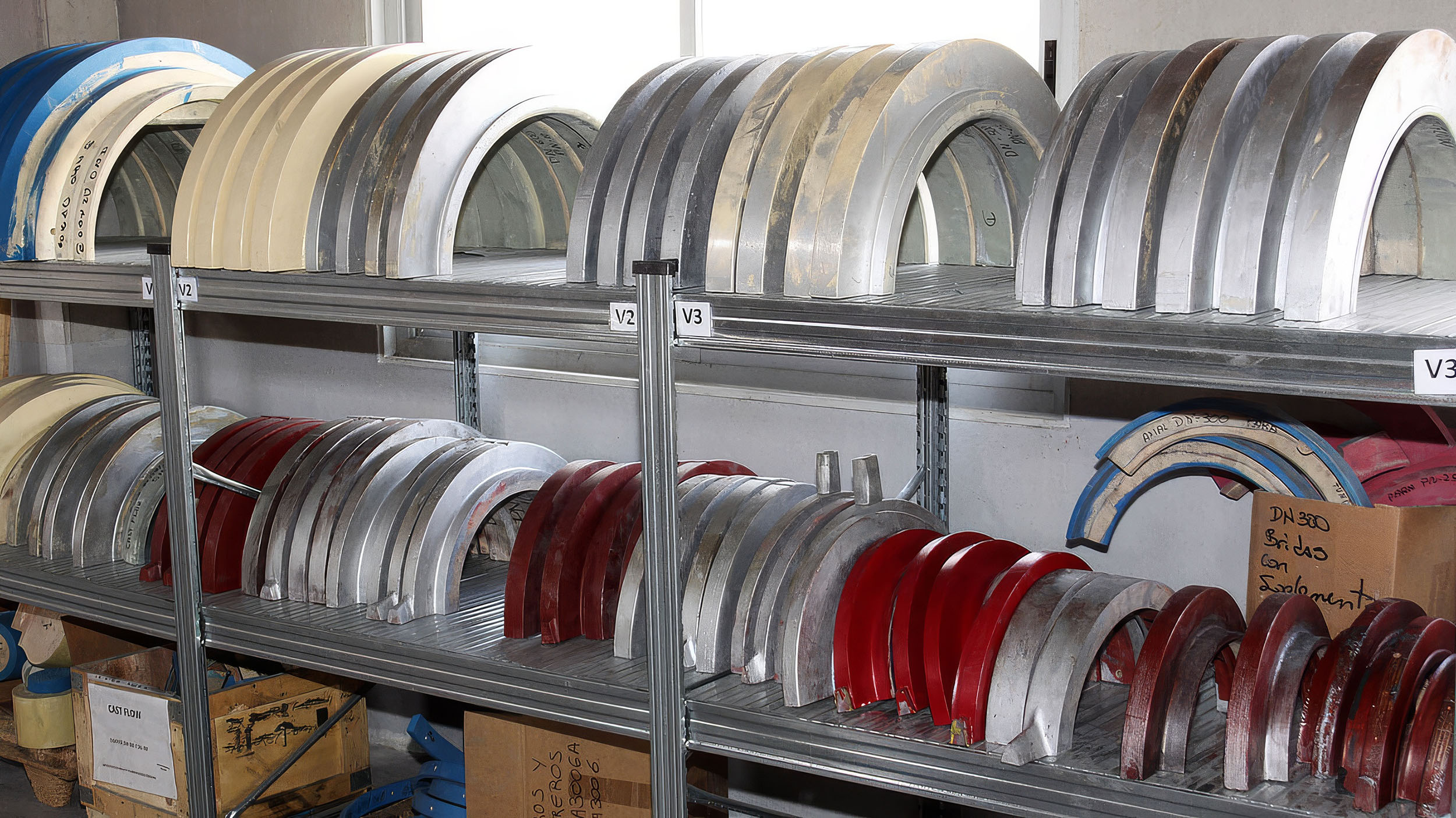 Valve components on storage racking