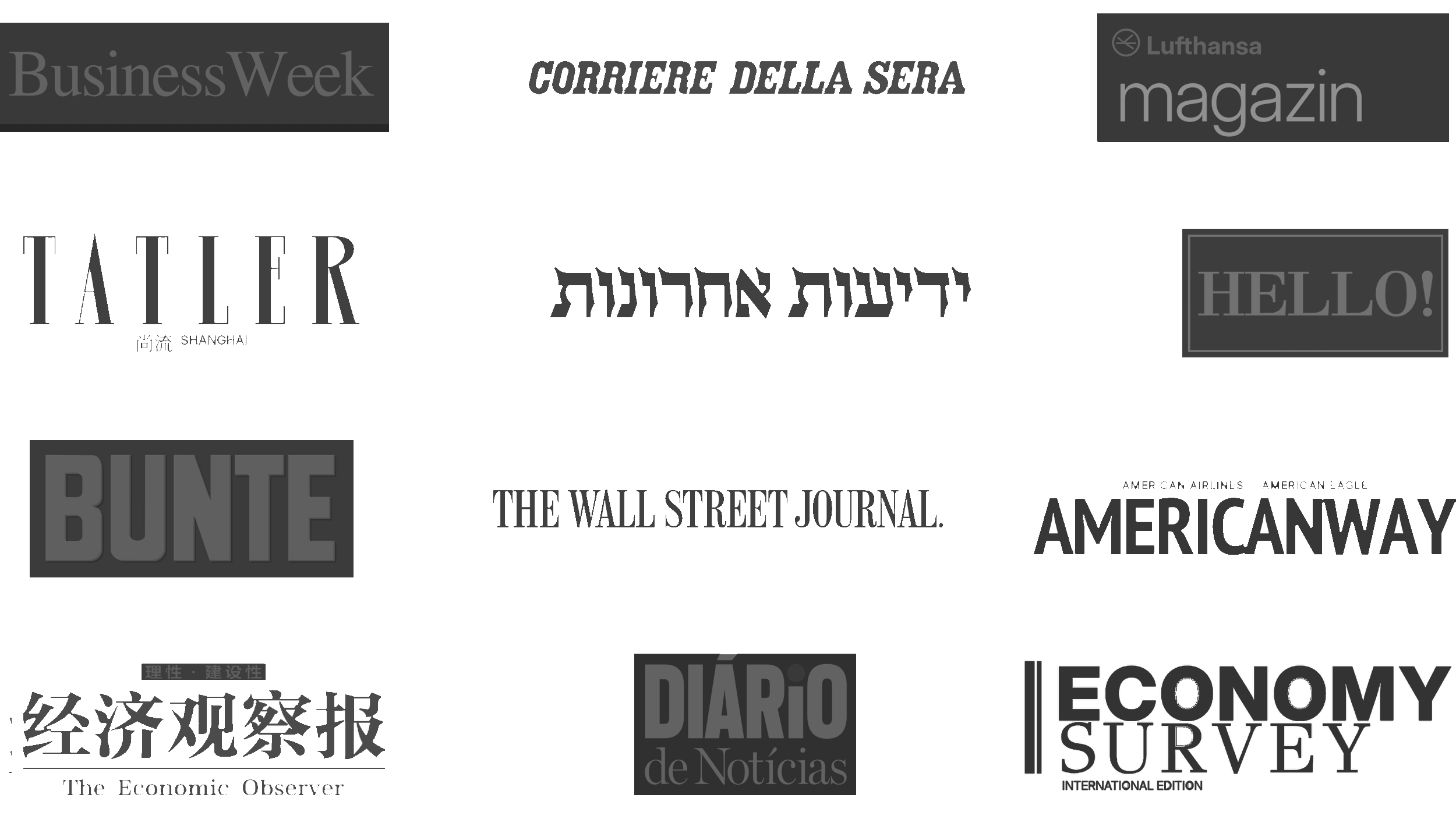 Masthead logos — BusinessWeek, Corriere della Sera, Lufthansa Magazin, Tatler Shanghai, Yedioth Ahronoth, Hello!, Bunte Magazin, Wall Street Journal, American Way, The Economic Observer, Diário de Notícias, Economy Survey