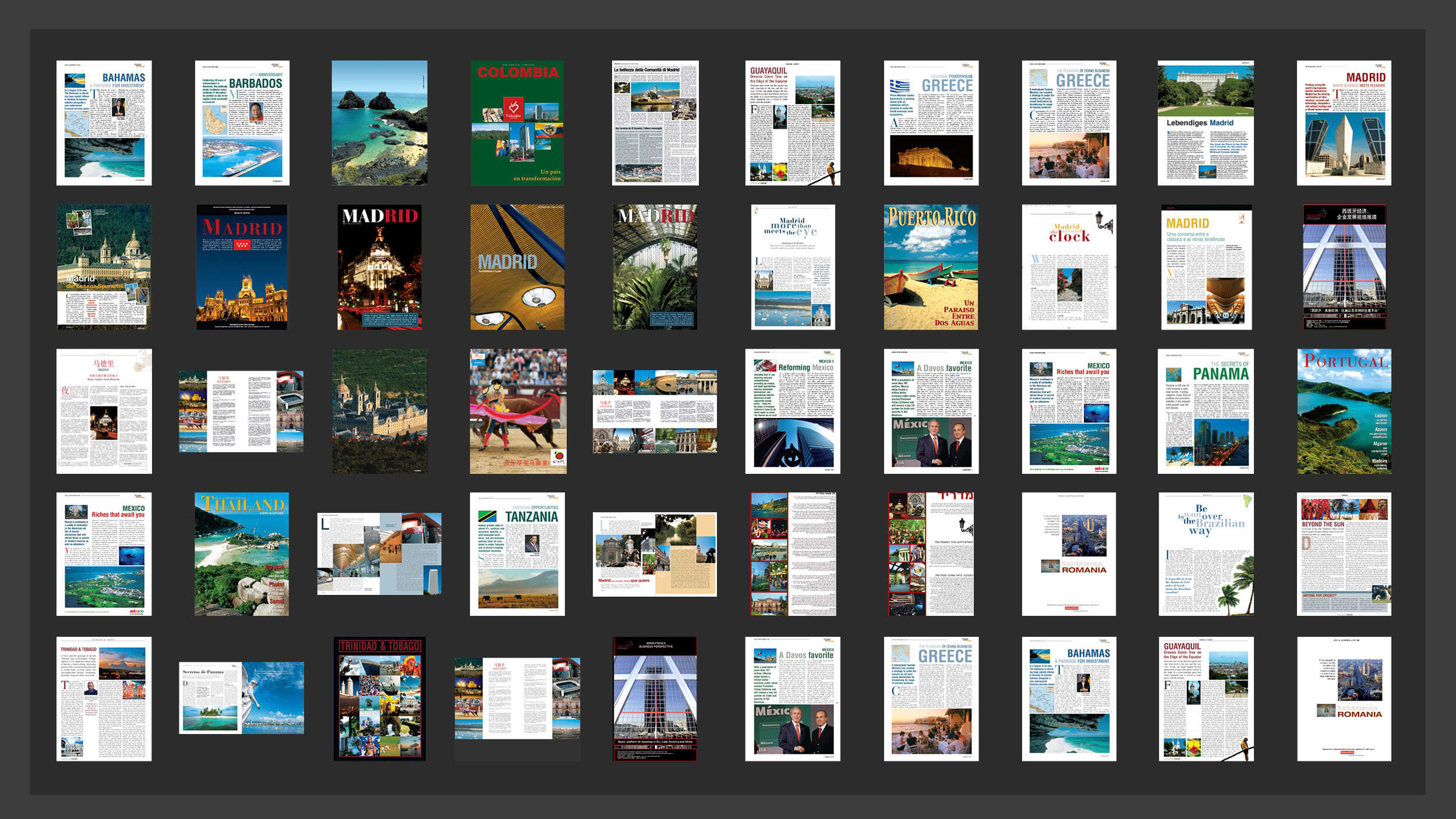 Contact sheet of 36+ international editorial reports — Bahamas, Barbados, Colombia, Greece, Madrid, Puerto Rico, Mexico, Panama, Portugal, Thailand, Tanzania, Romania, Trinidad & Tobago and more
