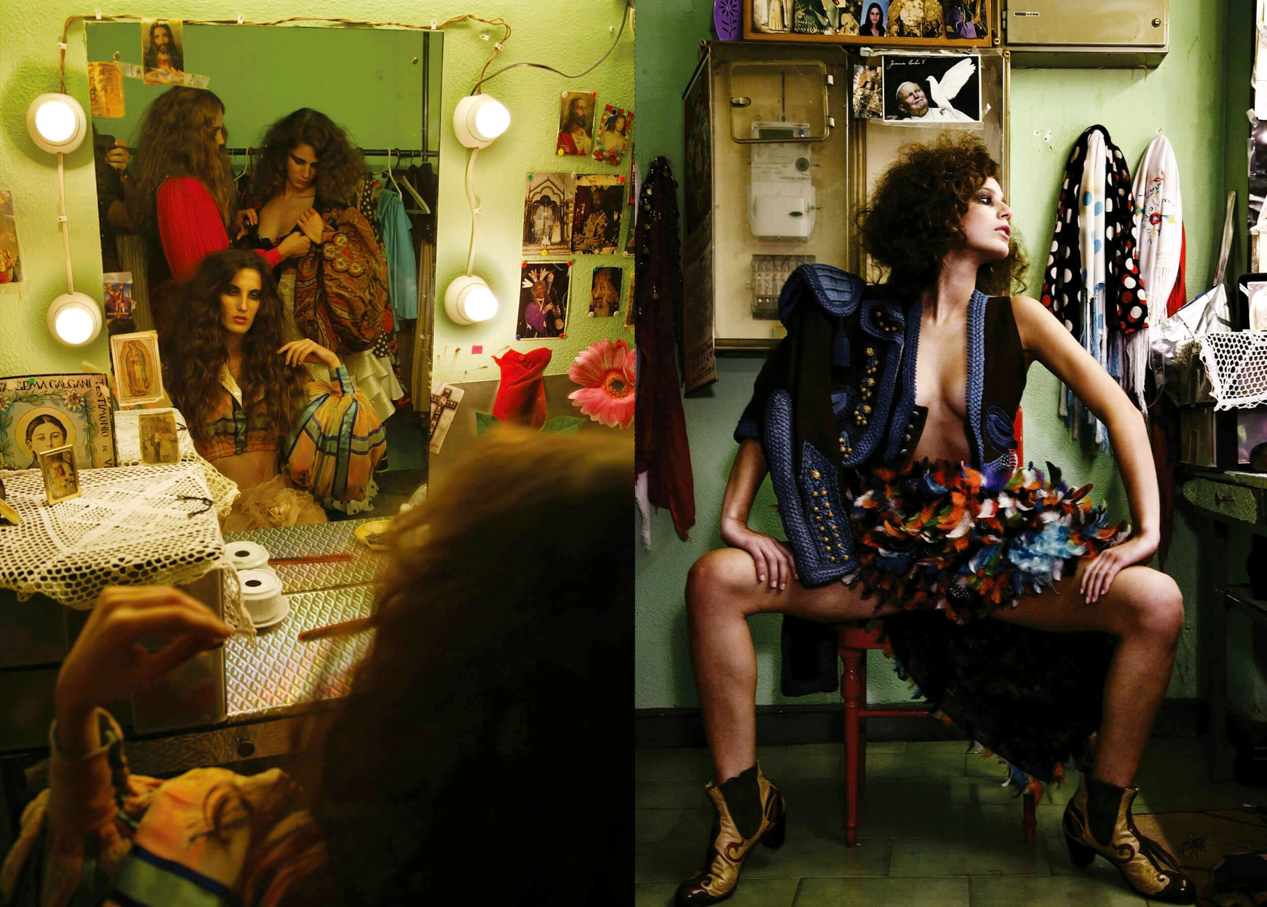 Le Cirque spread — green-toned room fashion portrait with vintage photographs