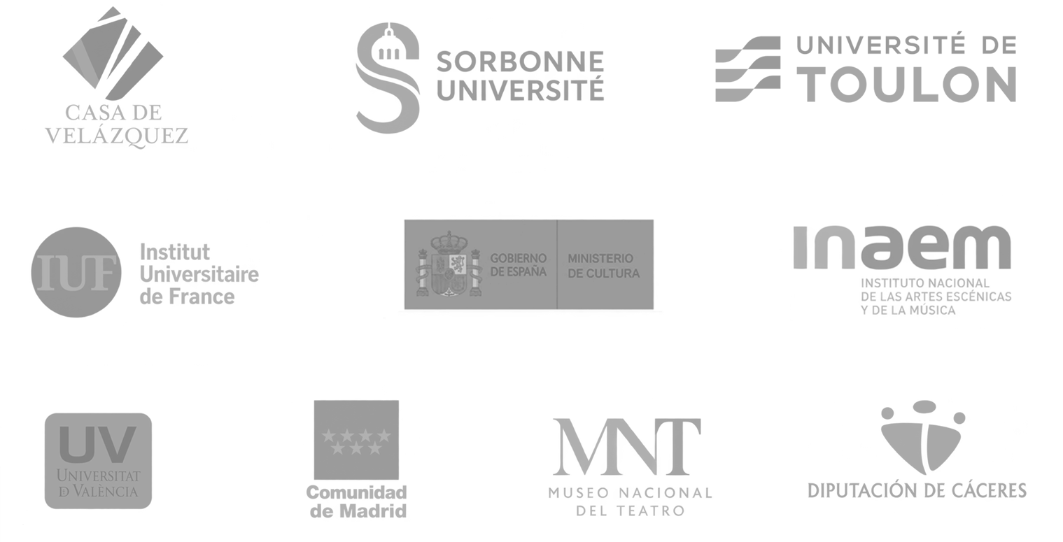 Institutional partners — Comunidad de Madrid, Casa de Velázquez, Sorbonne Université, Université de Toulon, Institut Universitaire de France, Universitat de València, INAEM, Ministerio de Cultura, Museo Nacional del Teatro, Diputación de Cáceres