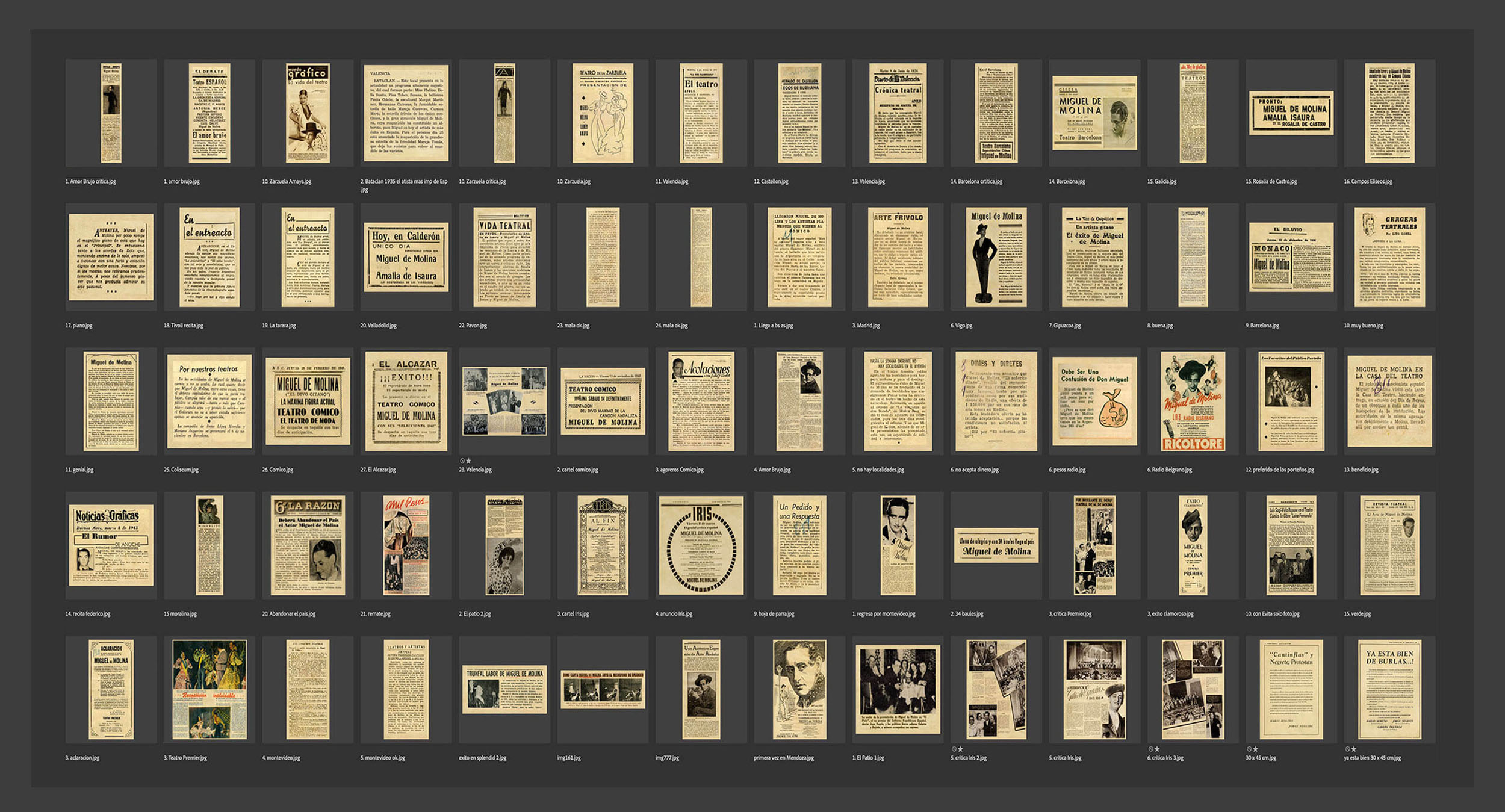 Contact sheet of digitised press clippings and reviews · Miguel de Molina press archive