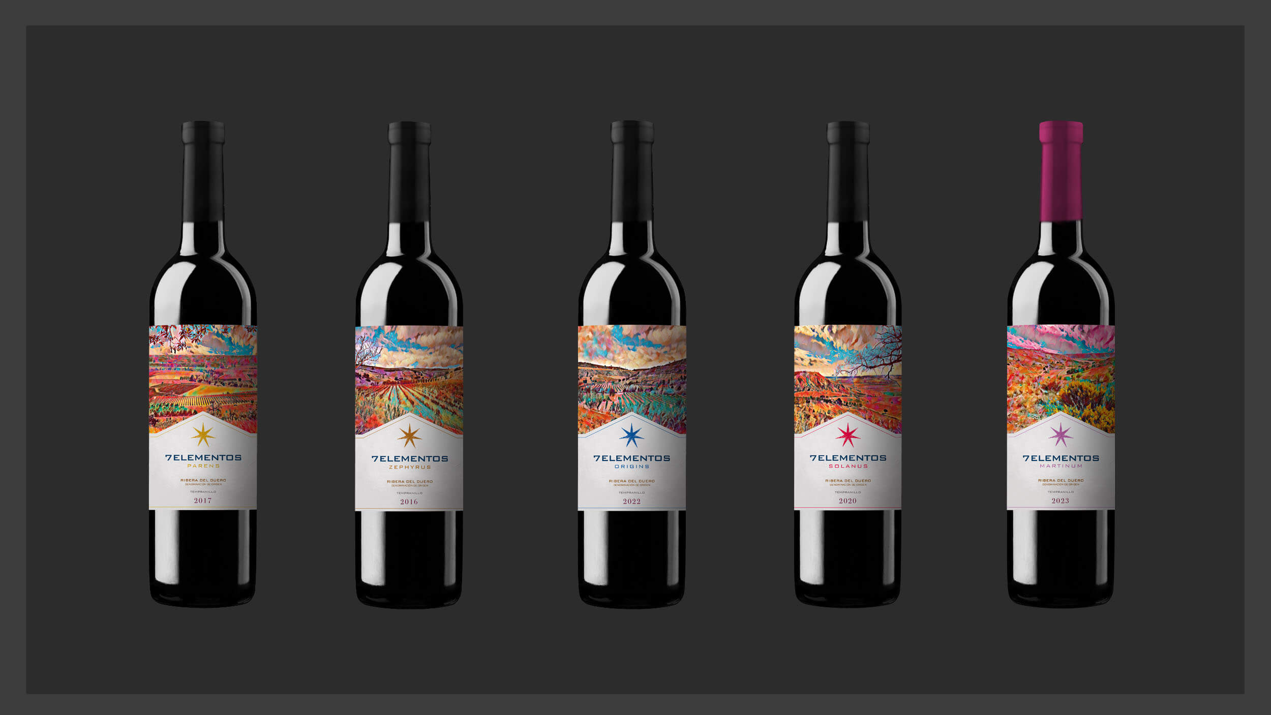 7 Elementos range — five bottles with illustrated landscape labels