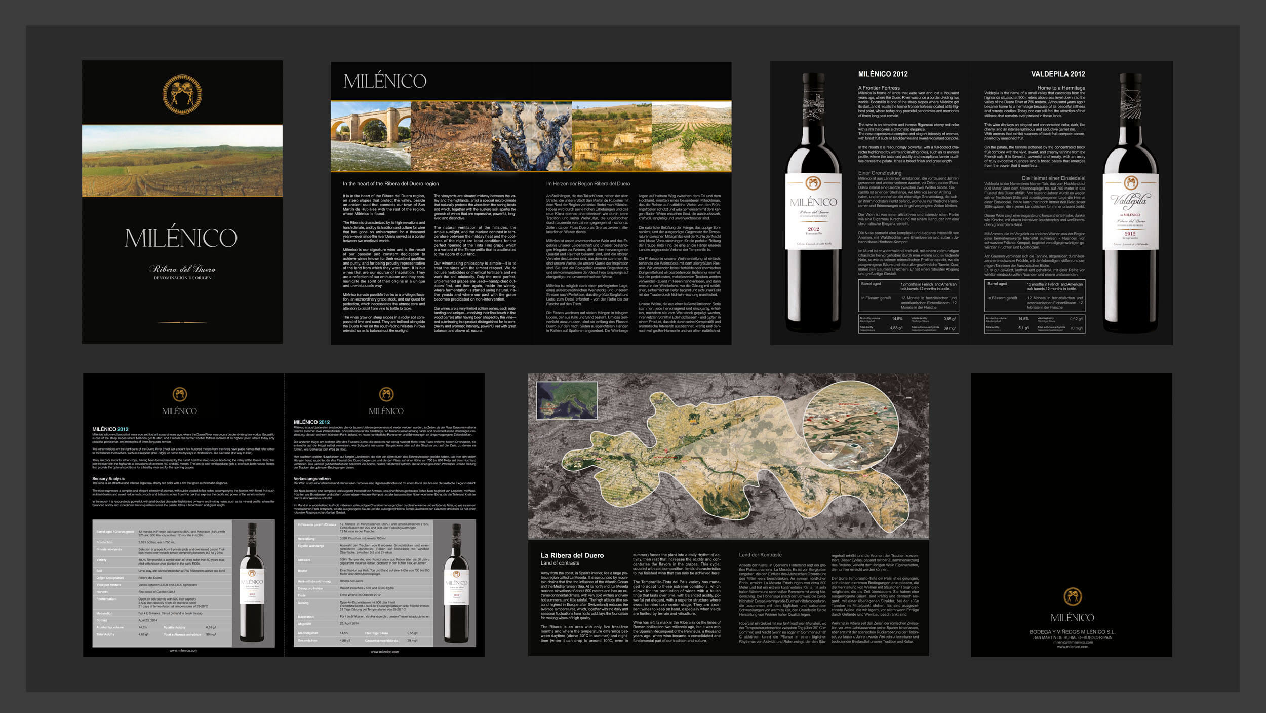 Bodegas Milénico — brochure spreads, Ribera del Duero territory and tasting notes, Spanish/German editions