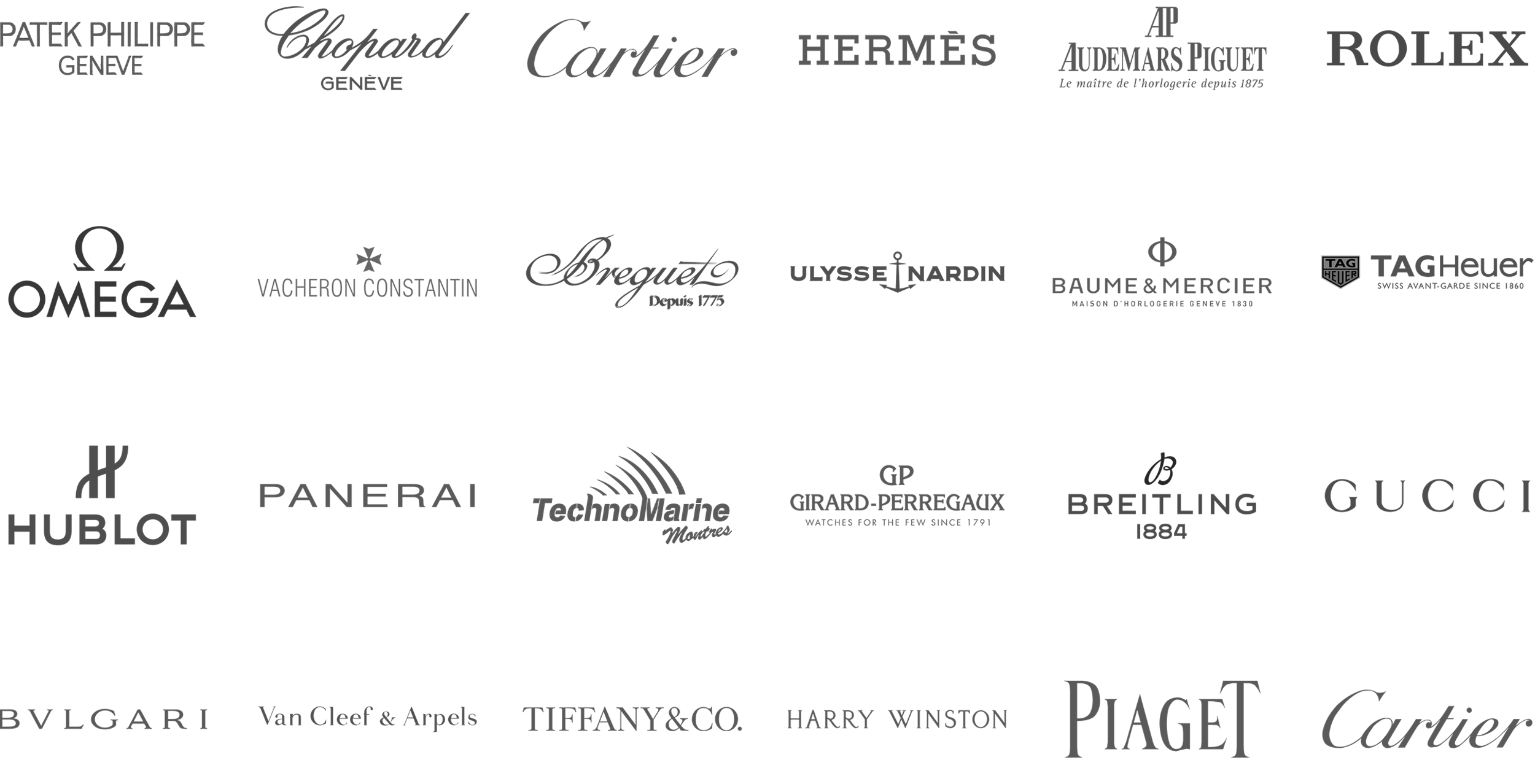 Advertiser and editorial brand wall — Patek Philippe, Chopard, Cartier, Hermès, Audemars Piguet, Rolex, Omega, Vacheron Constantin, Breguet, Ulysse Nardin, Baume & Mercier, Tag Heuer, Hublot, Panerai, TechnoMarine, Girard-Perregaux, Breitling, Gucci, Bulgari, Van Cleef & Arpels, Tiffany & Co., Harry Winston, Piaget