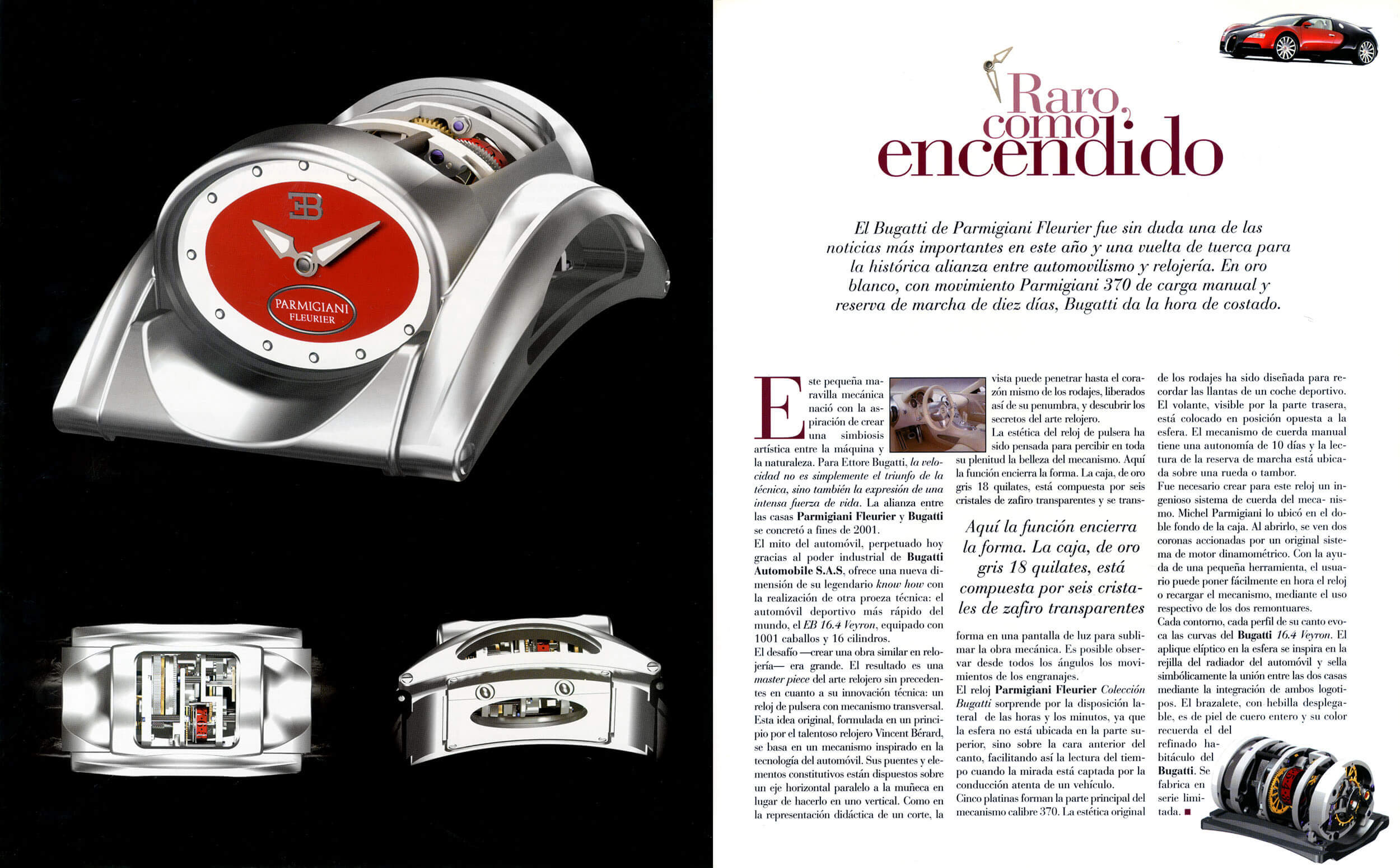 Editorial spread — 'Raro encendido', ignition and watch mechanism macro