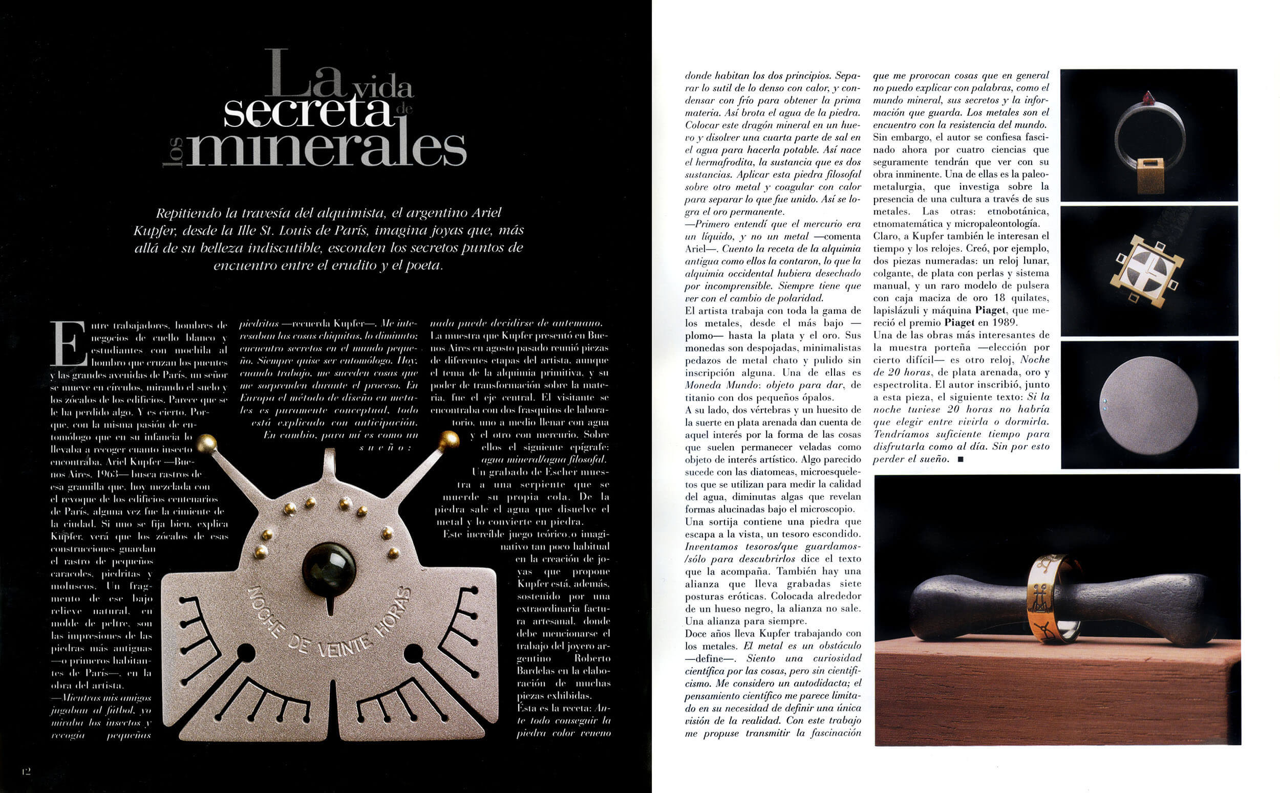 Editorial spread — 'Secretos minerales', gemstone and mechanism macro