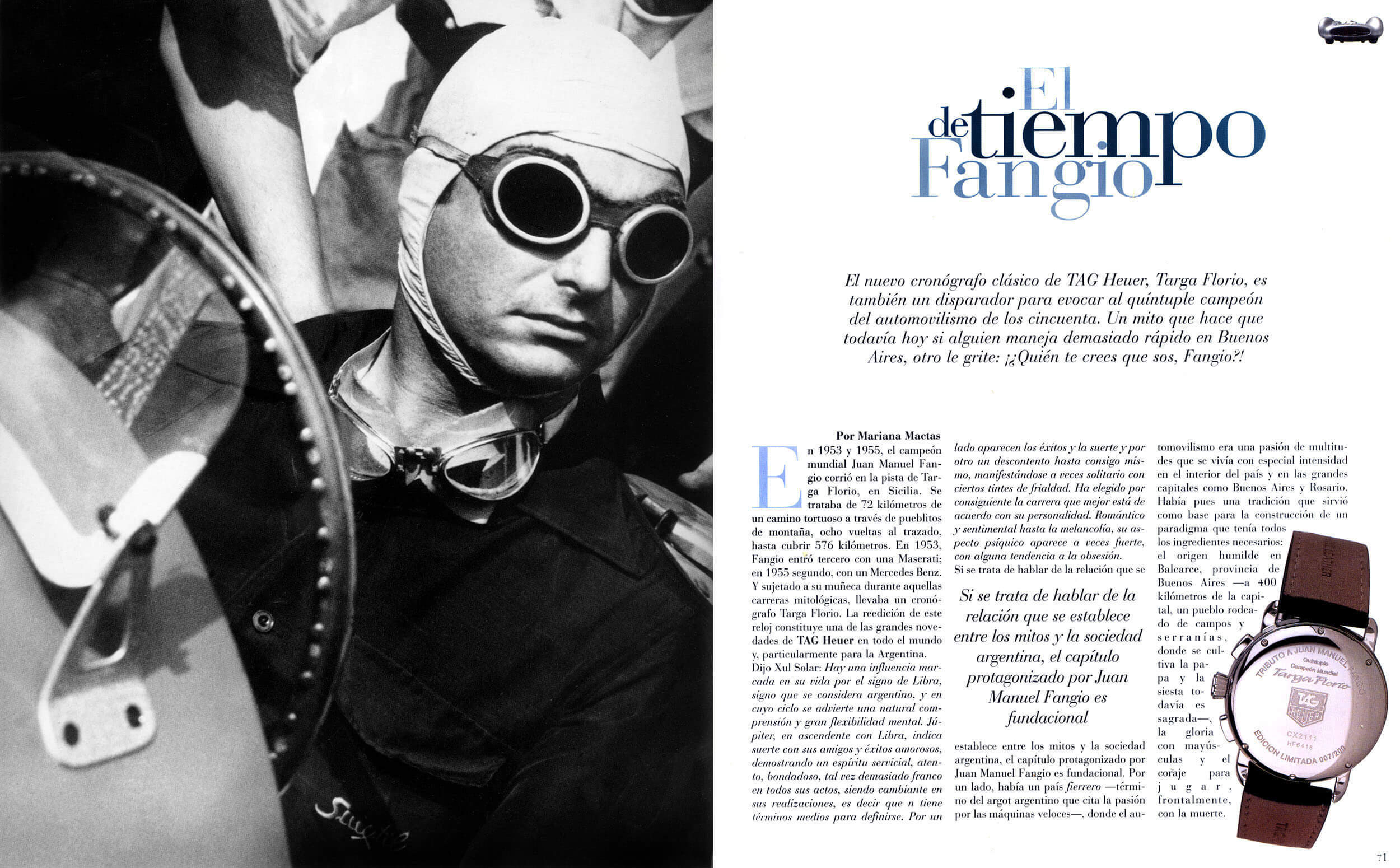 Editorial spread — 'El tiempo de Fangio', racing tribute portrait